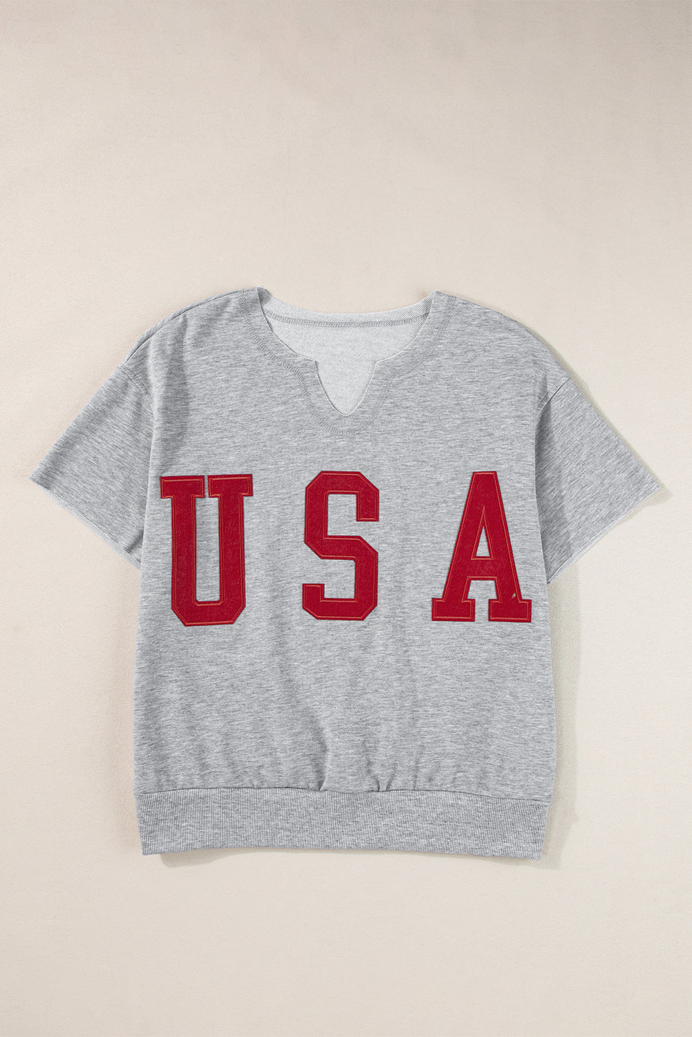Grey USA Lettering Patch Notched Neck Loose Tee