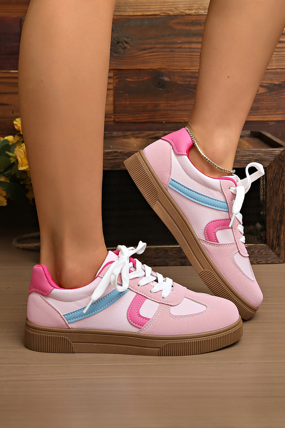 PU Leather Colorblock Leather Patchwork Lace Up Flat Shoes