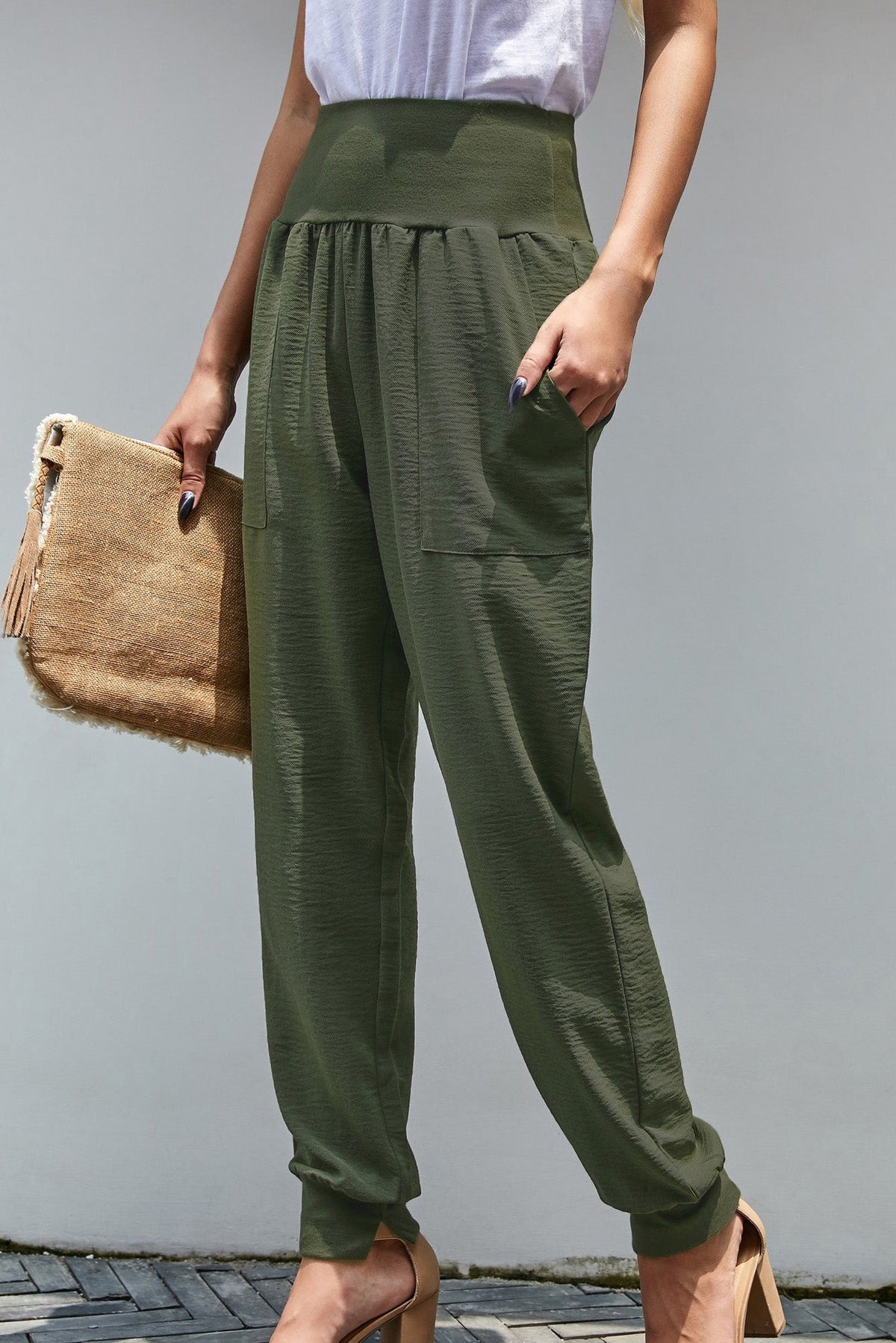 Women's Stretchy High Waistband Cotton Green Pocket-Detail Joggers
