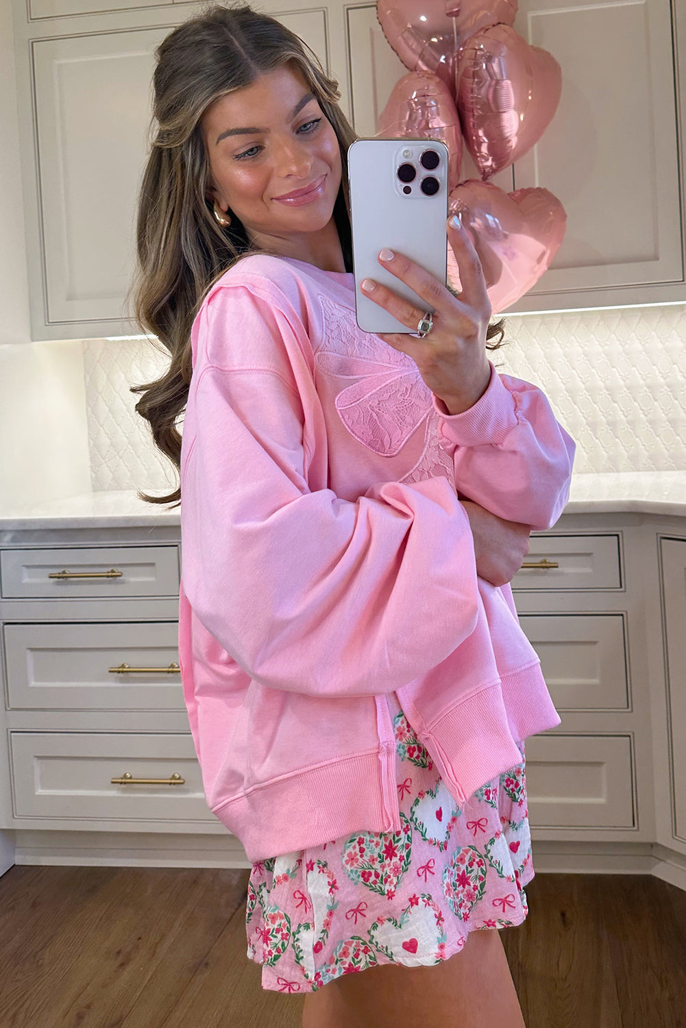 Lace Insert Bow Embroidered Exposed Seam Sweatshirt