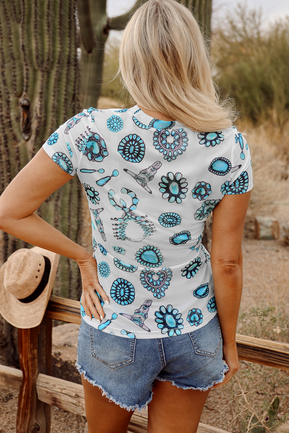 Western Turquoise Printed Slim Fit Tee