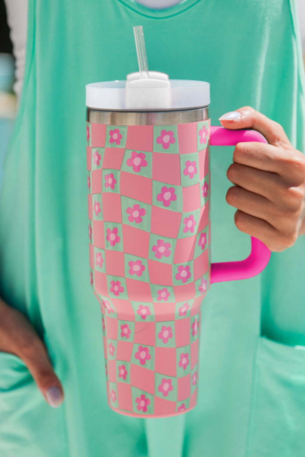 Flower Checkered Pattern Cup with Straw 40oz