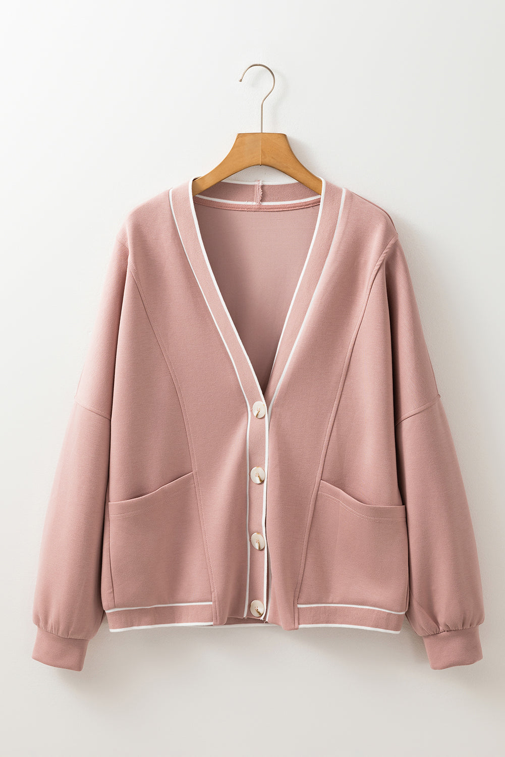 Stripe Contrast Trim Button-Front Pocket-Detail Knit Cardigan in Pink