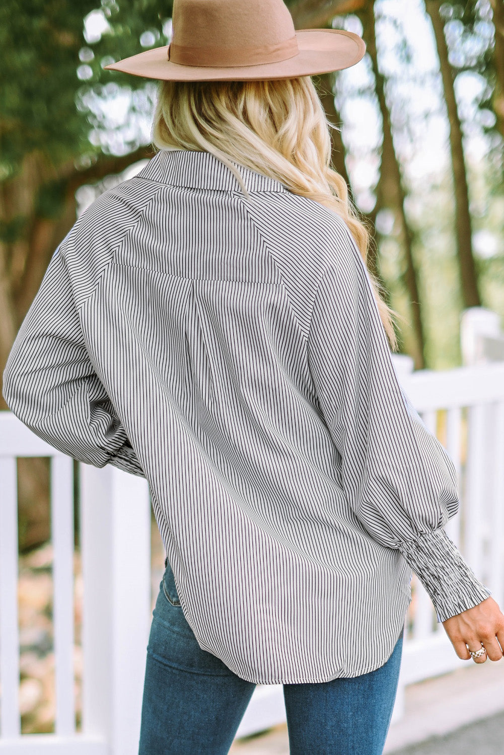 Women's Shirt with Shirred Cuffed Striped Boyfriend