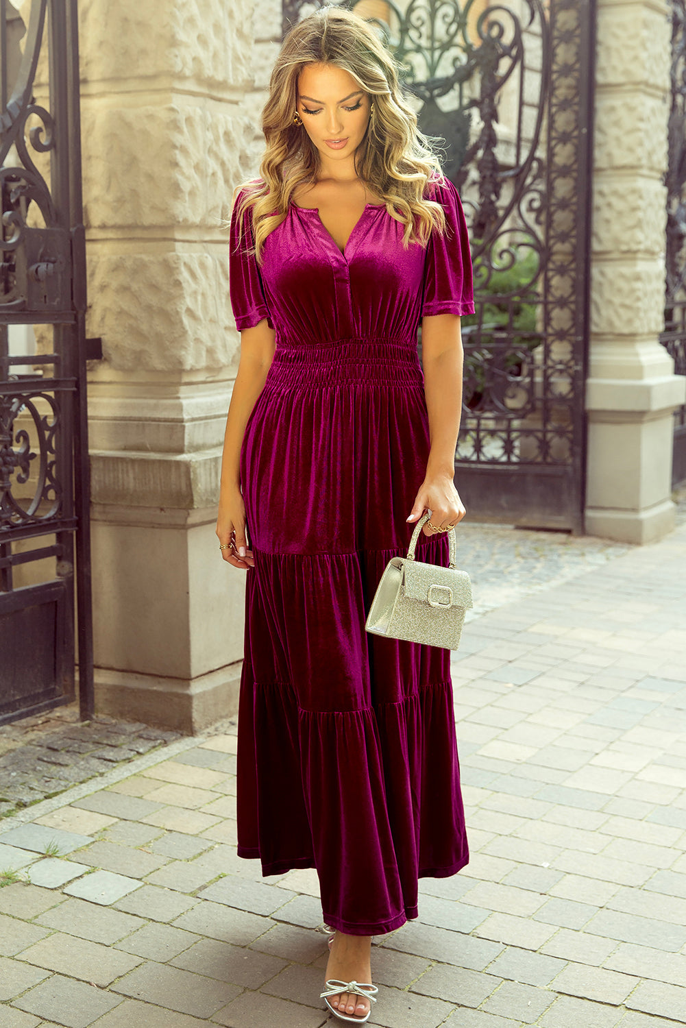 Women's Layered Velvet Shirred-Waist Maxi Dress