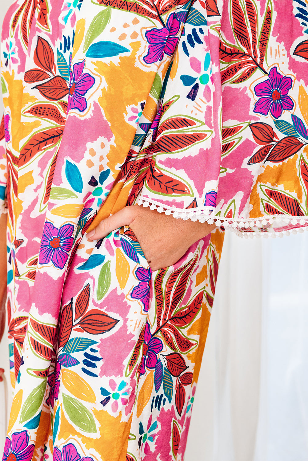 Floral-Print Lace Trimmed Tie Back Bell Sleeve Swing Mini Dress