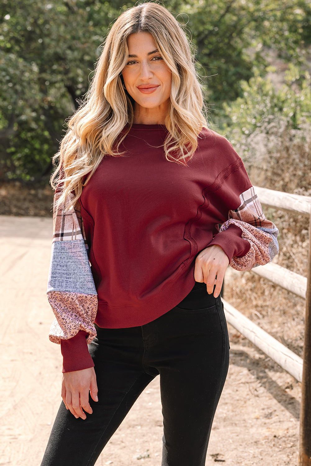 Colorblock Patchwork Plaid Patchwork Sleeve Raw Seam Sweatshirt