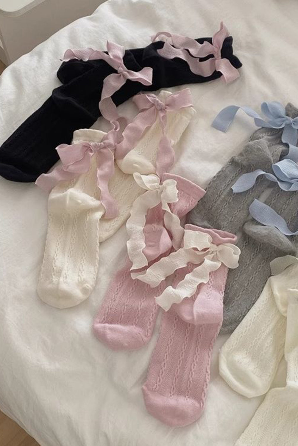 5 Pairs Contrast Ribbon Bow Decor Textured Knit Socks