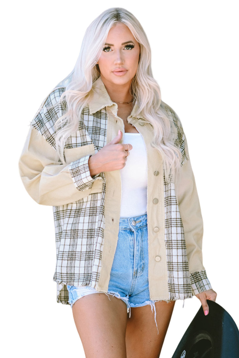 Women's Distressed Raw Edge Plaid Patchwork Denim Jacket