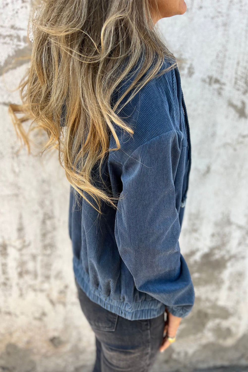 Hooded Corduroy Drawcord Pocket Zip-Front Jacket in Real Teal