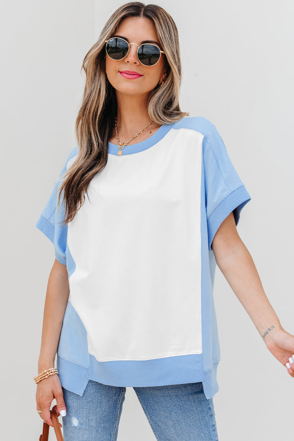 Color Block Exposed Seam Crew Neck T Shirt