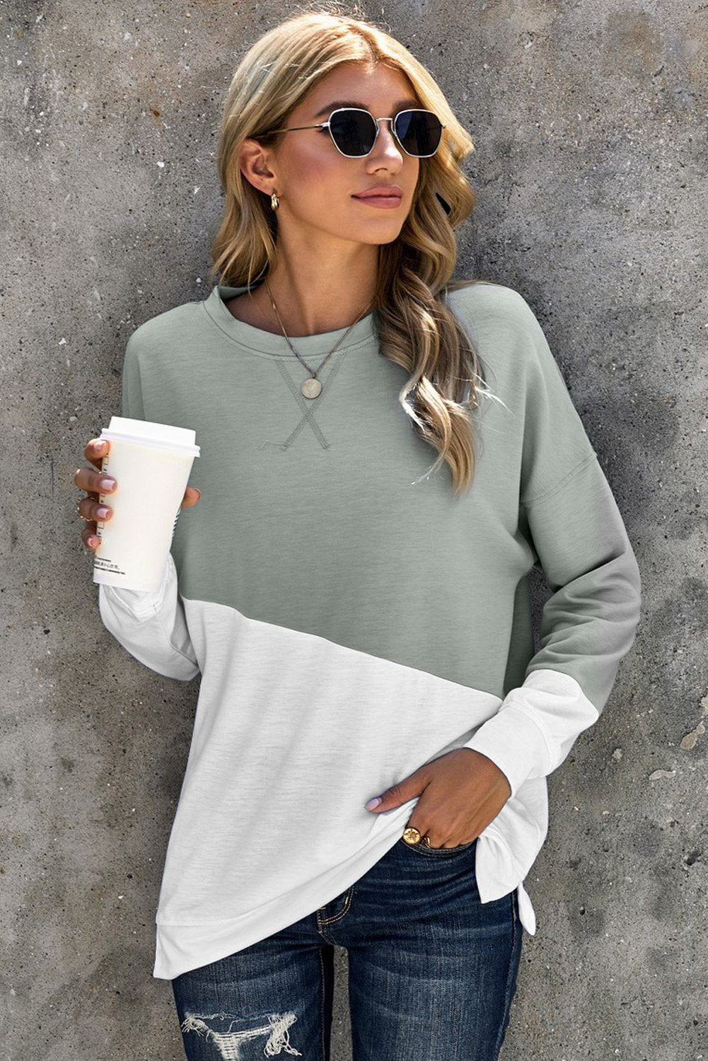 Women's Sleeve Gray White Patchwork Dropped Shoulder Sweatshirt