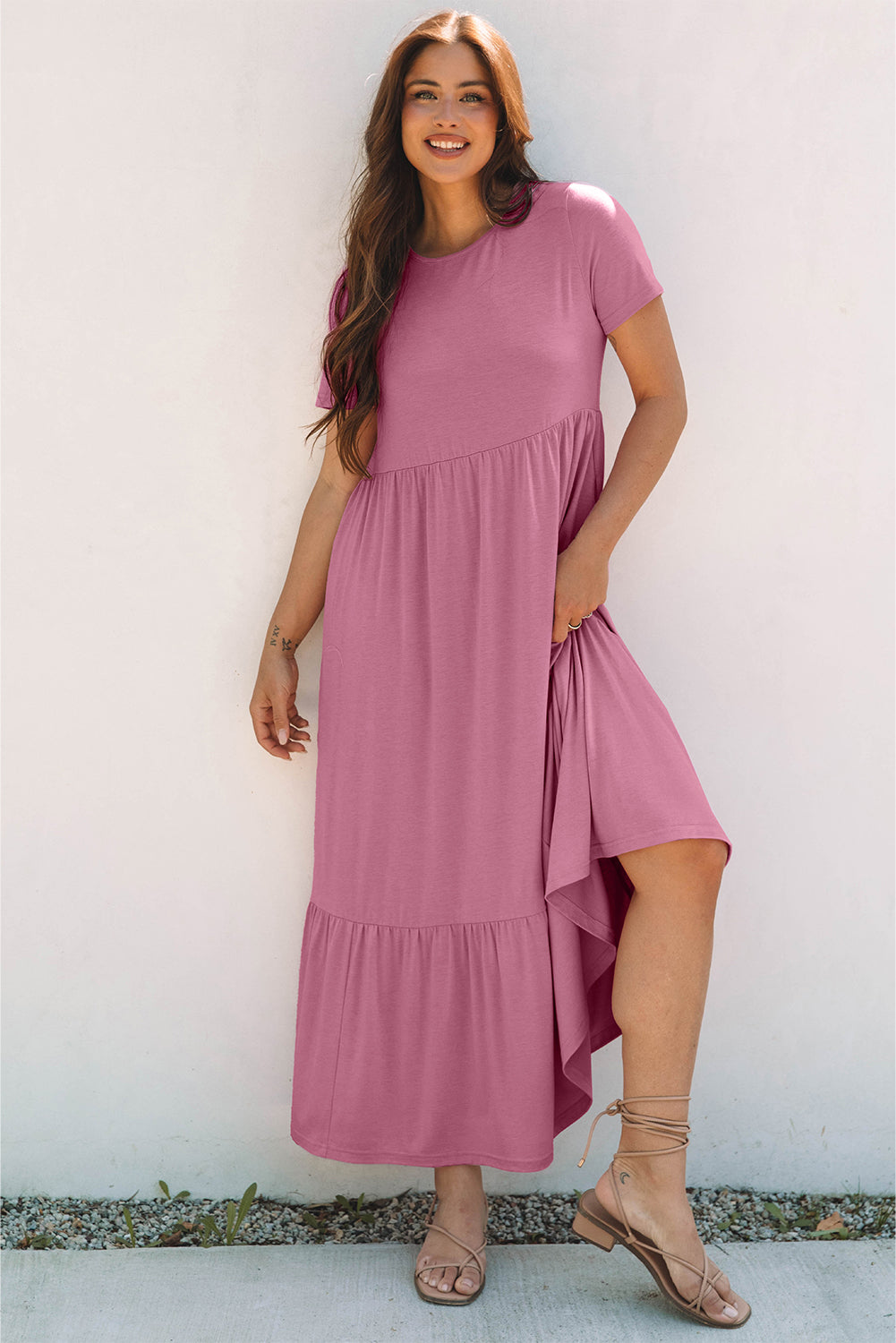 Solid Color T-shirt High Waist Pocketed Long Dress