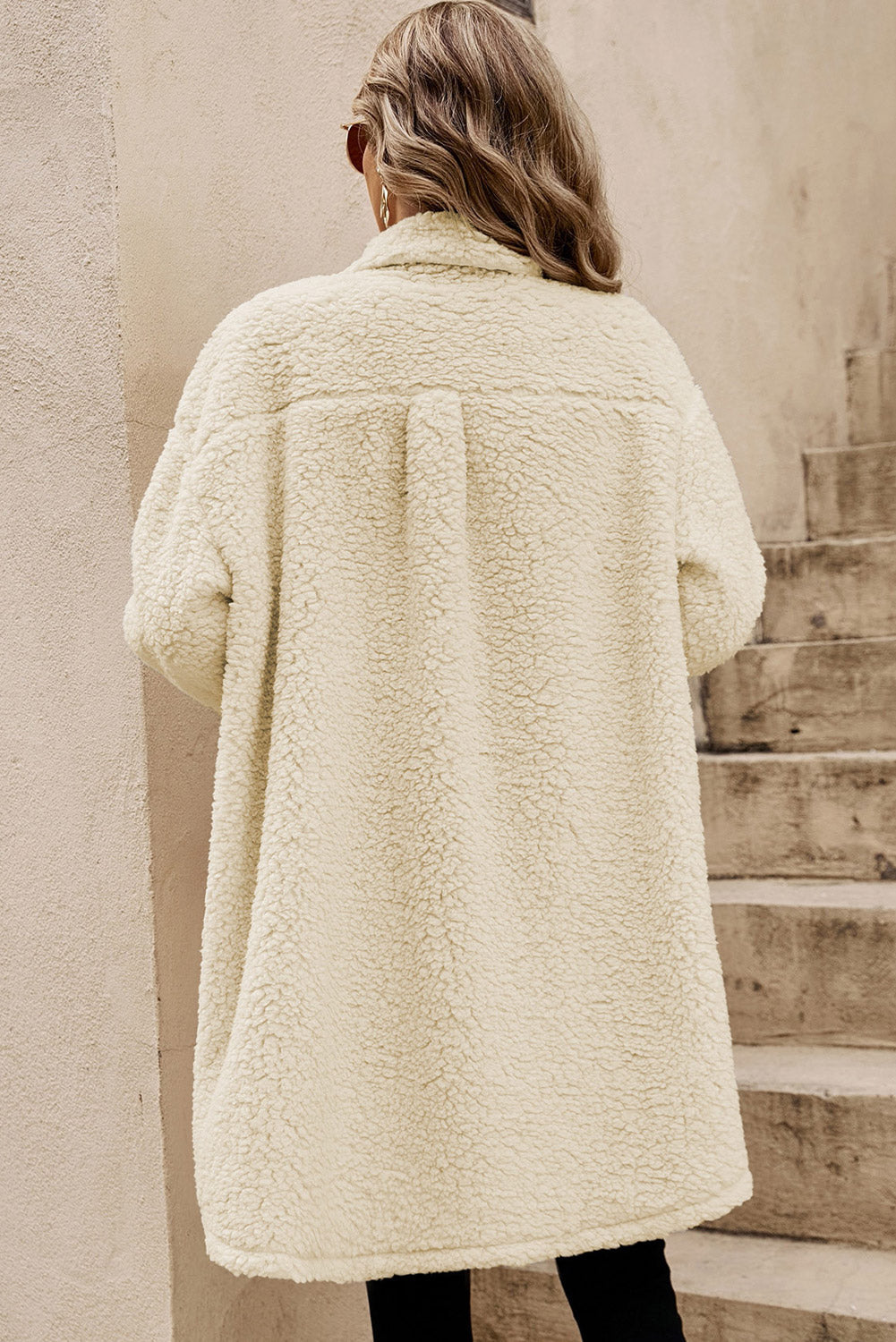 Contrast Flap Pocket Single Breasted Teddy Coat in Beige
