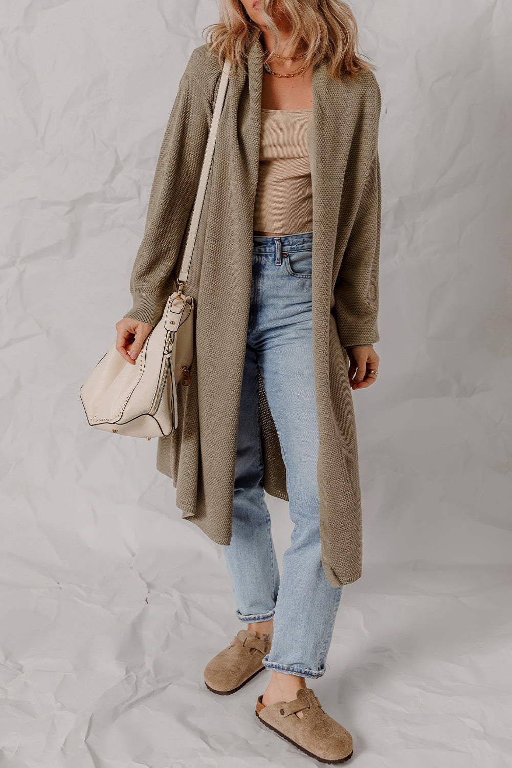 Textured Knit Solid Knit Open-Front Oversize Midi Cardigan Knit Top