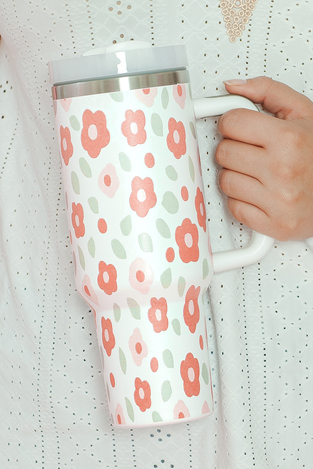 Floral Leaves Print Stainless Large Portable Cup 40oz