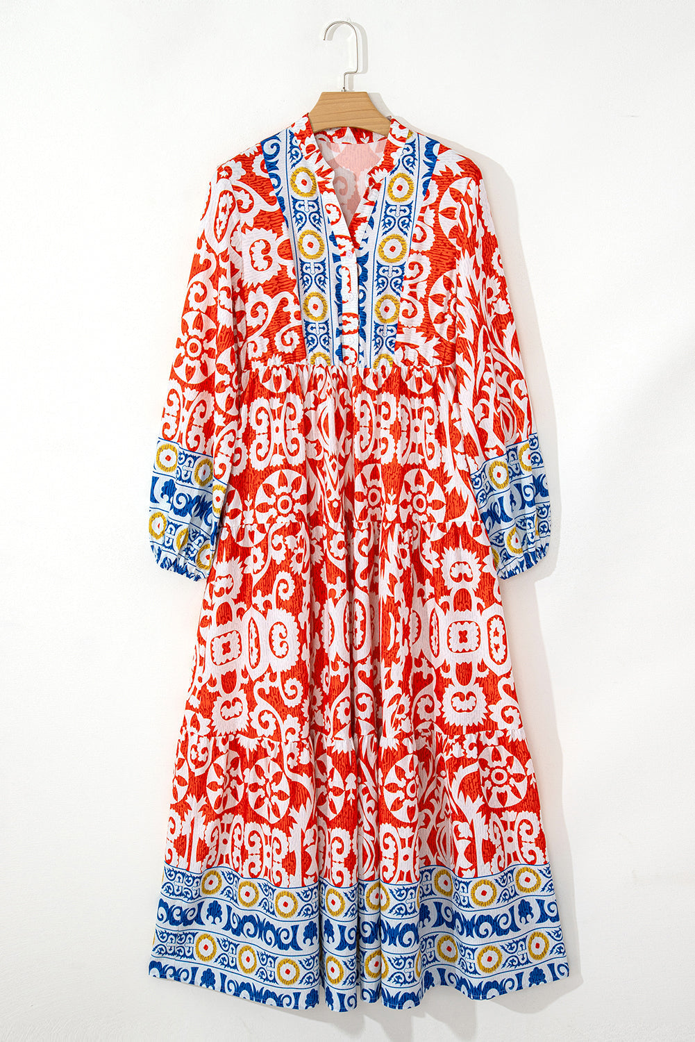Boho Geometric Printed Long Sleeve Maxi Dress
