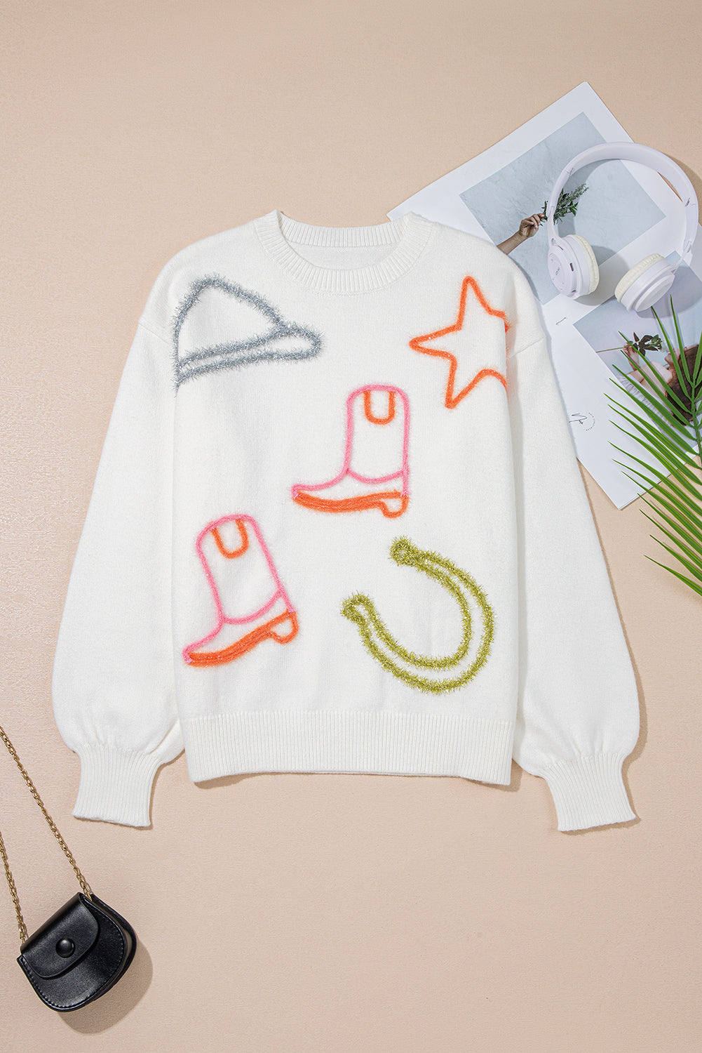 Boots Tinsel Western Horseshoe Star Knit Crew-Neck Knit Top