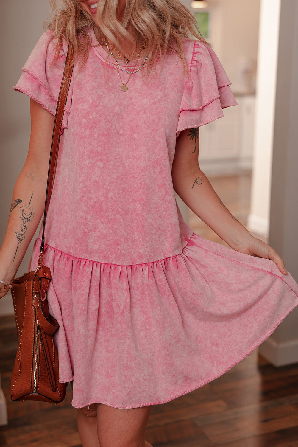 Pink Mineral Wash Raw Edge Ruffle Mini Dress