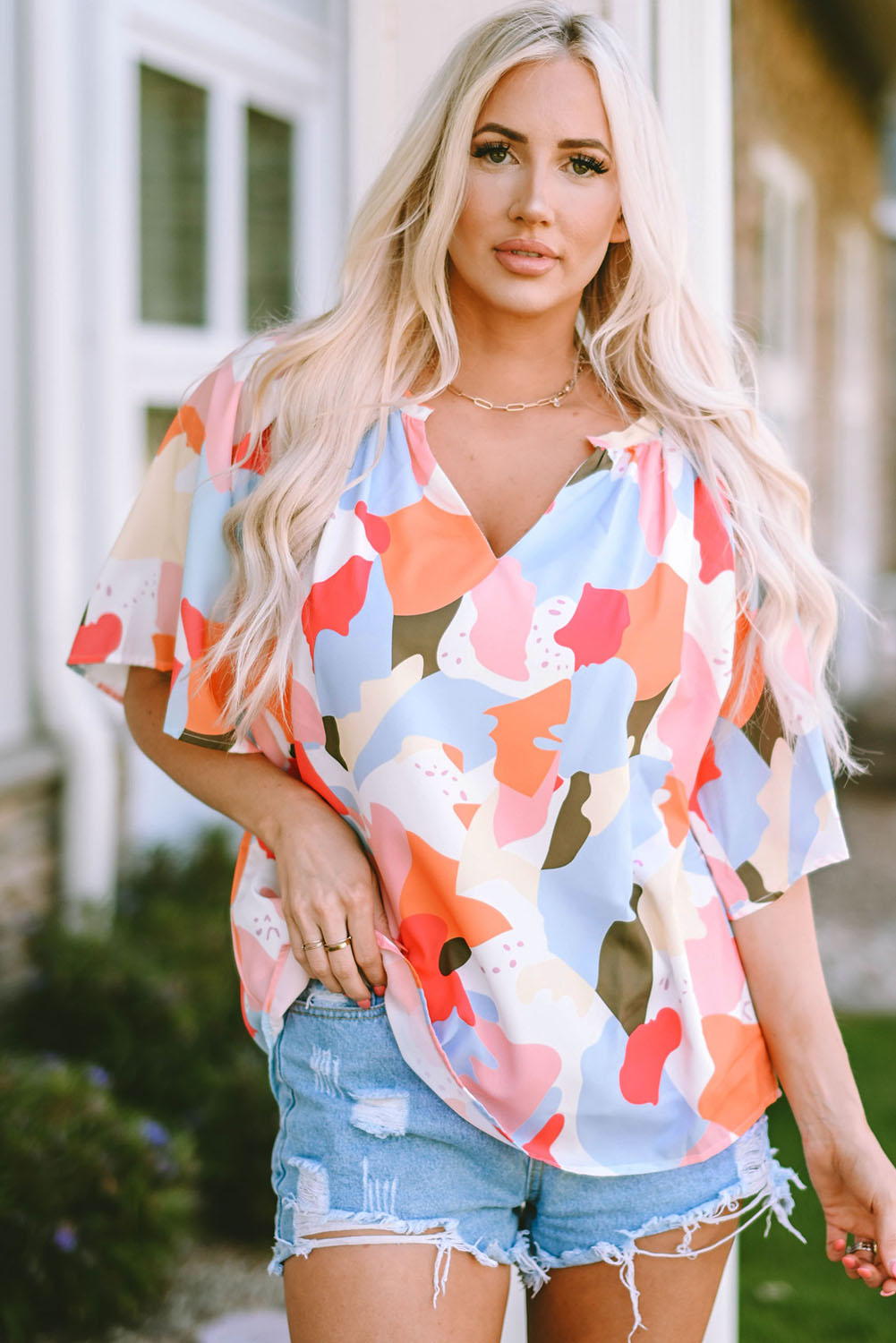 Women's Blouse Featuring V Neck Half Sleeve Floral-Print Print