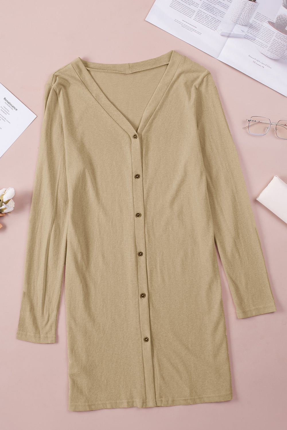 Women's Cardigan with Open-Front Buttons Brown Solid Color