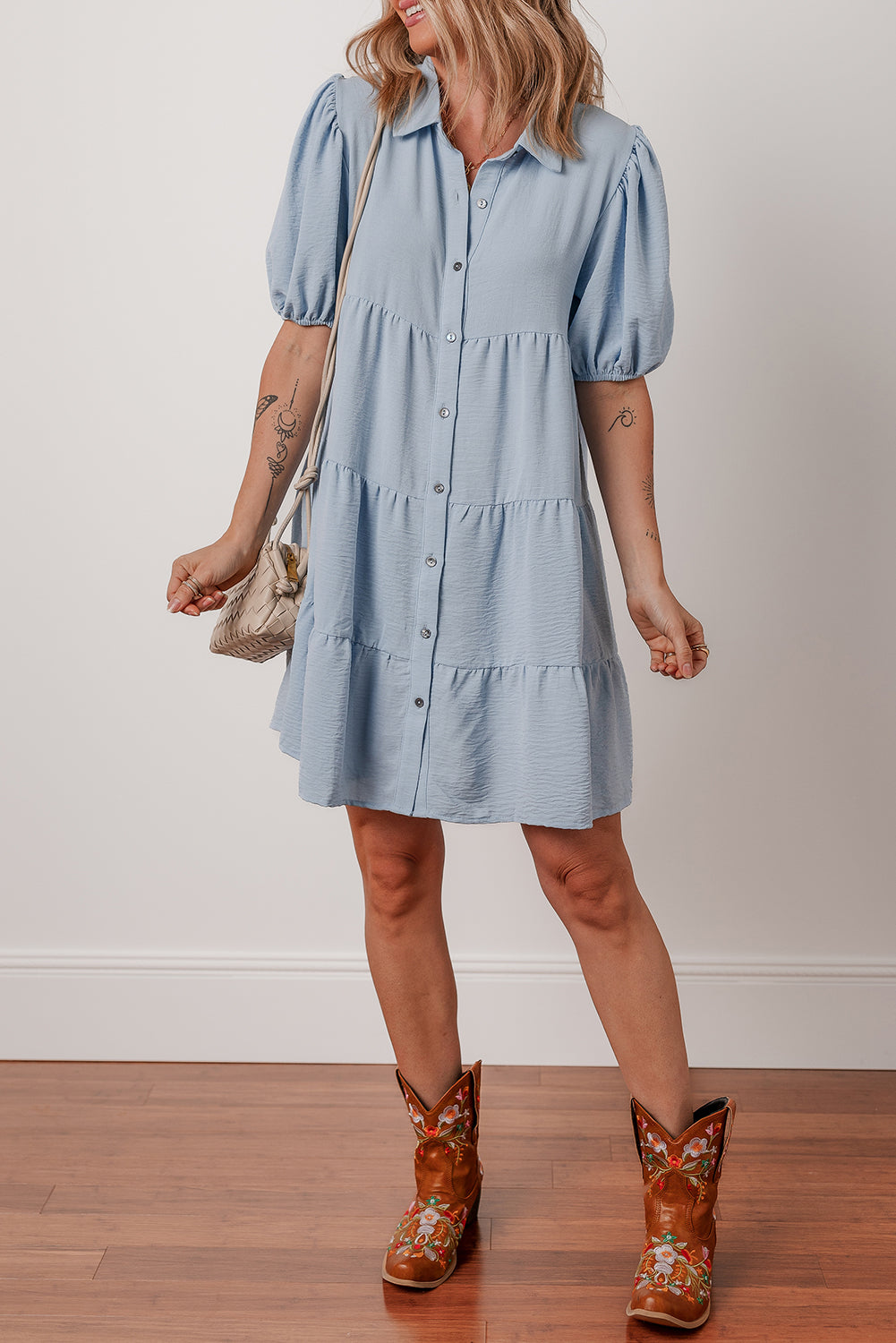 Shirt Collar Button Up Short Puff Sleeve Tiered Shift Dress