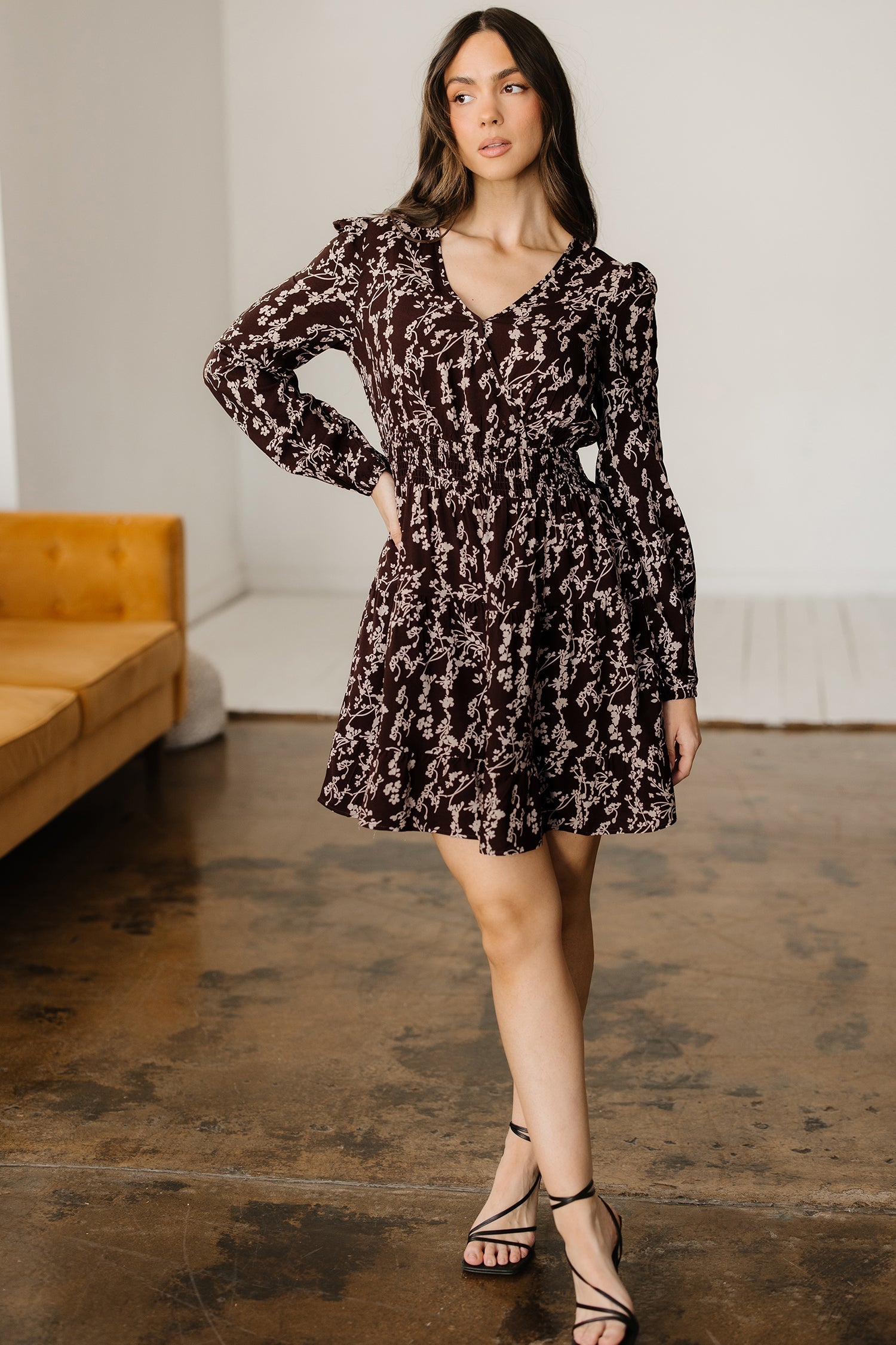 Split Ditsy Floral-Print Neck Long-Sleeved Shirred Waist Flared Mini Dress