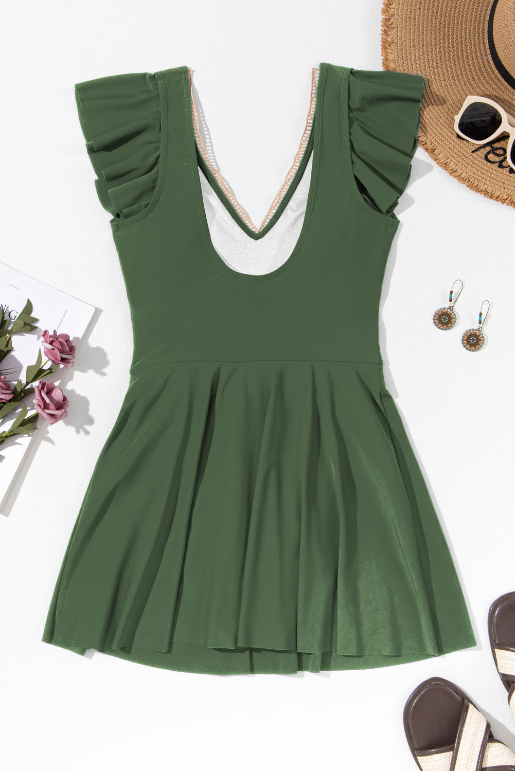Ruffled Short-Sleeved Lace Trim V-Neck One Piece Swim Dress in Mist Green