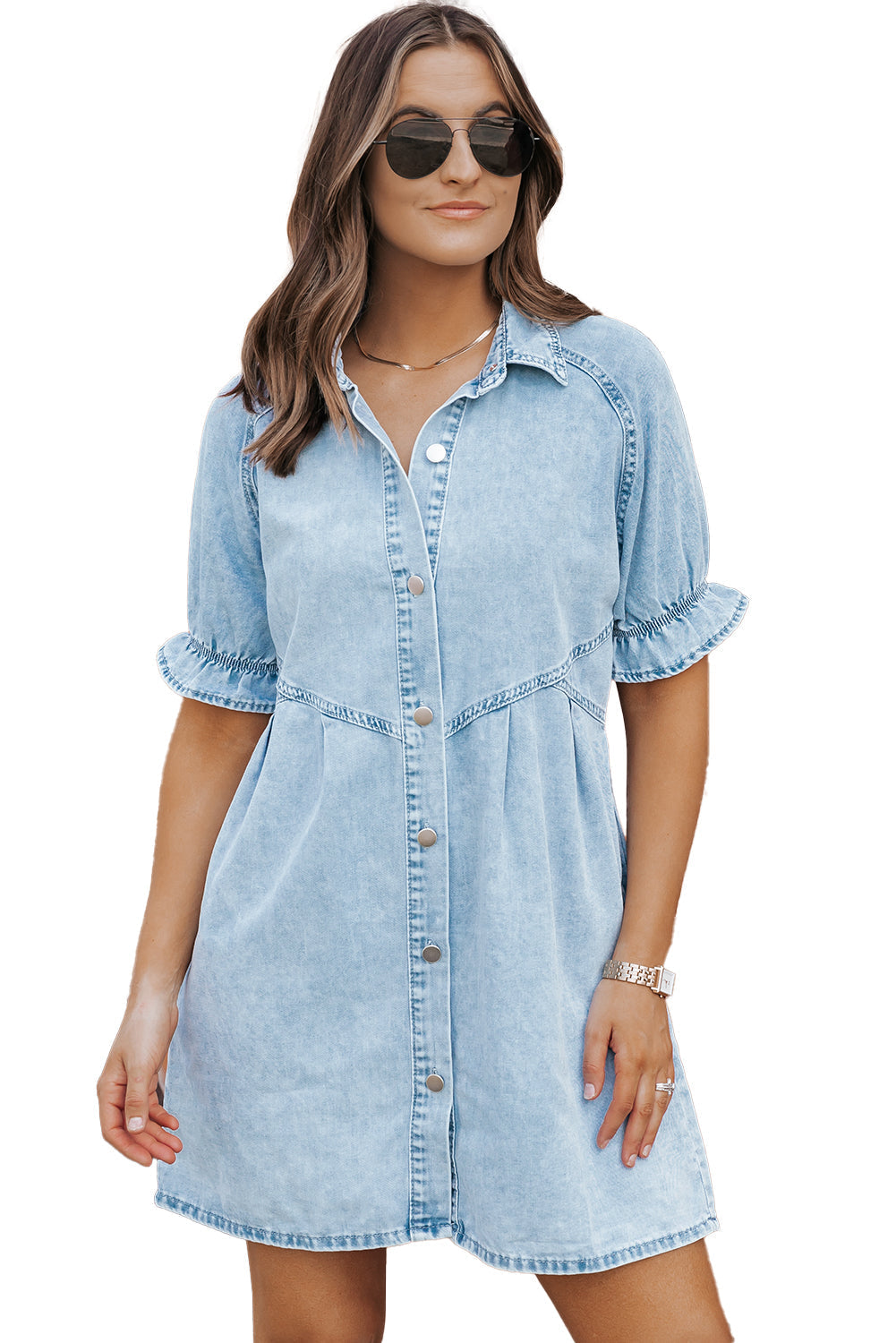 Women's Dress with Ruffle-Trimmed Denim Mineral-Washed