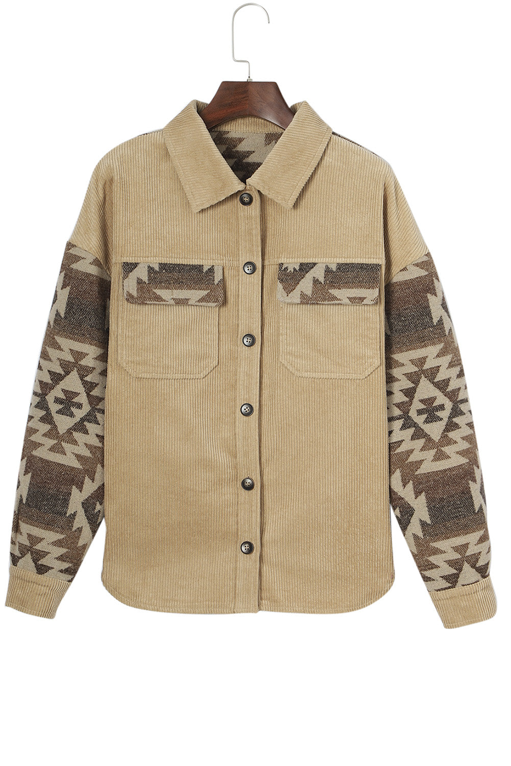 Women's Aztec-Pattern Patchwork Frayed Edge Khaki Cord Jacket
