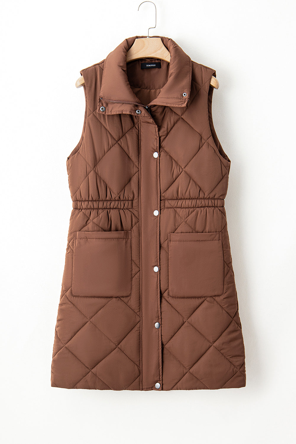 Women's Vest Featuring Puffer Longline Quilted Stand Collar