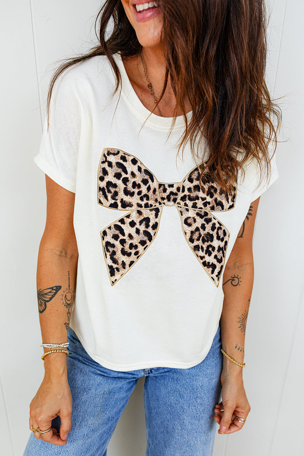 Embroidered Leopard Bow Cotton Round-Neck T Shirt