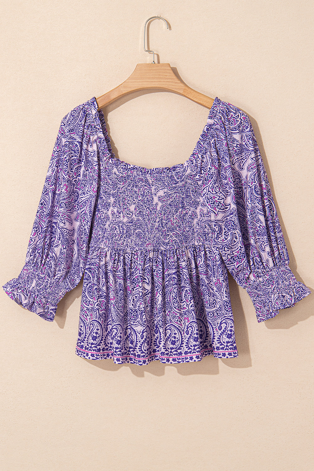 Purple Boho Paisley Print Shirred Peplum Blouse
