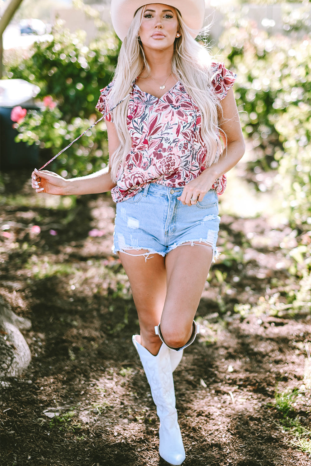 Blouse Florale À Volants Et Manches Courtes À Col En V