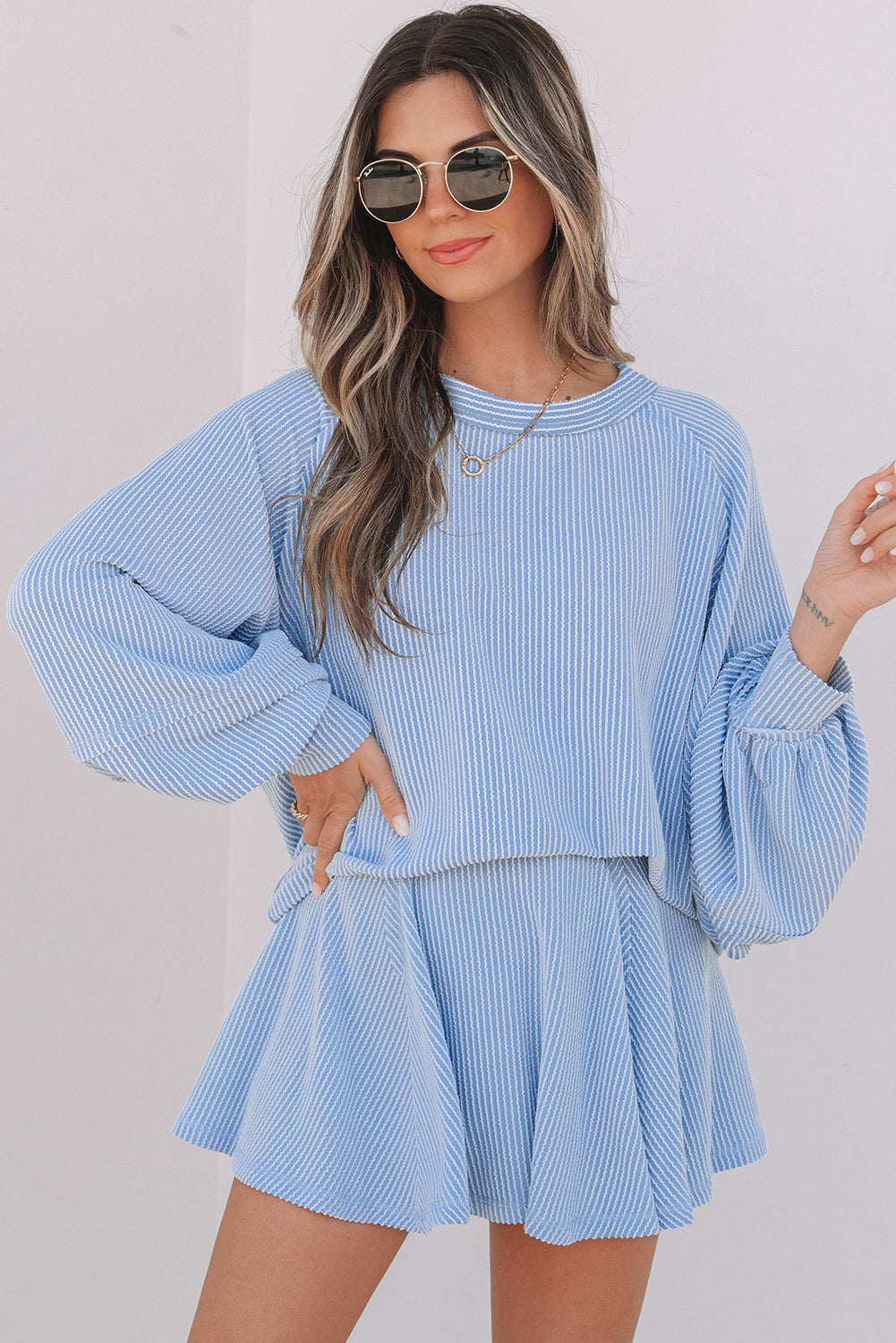 Sleeve Corded Lantern Top High-Waisted Ruffled Mini Skort Set in Sky Blue