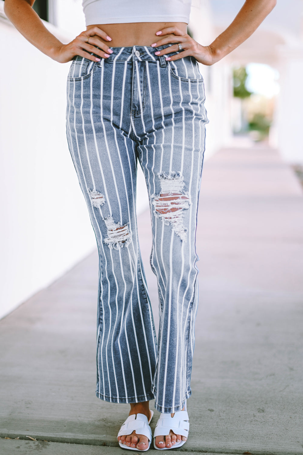 Women's Flare Jeans Featuring Vertical Striped Ripped