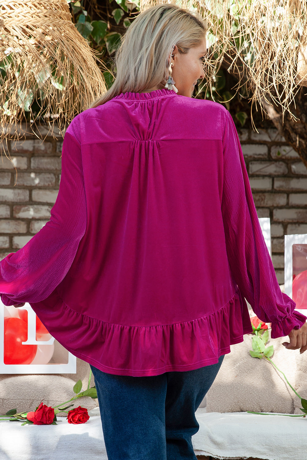 Plus Size Ruffled Sleeve V Neck Velvet Blouse