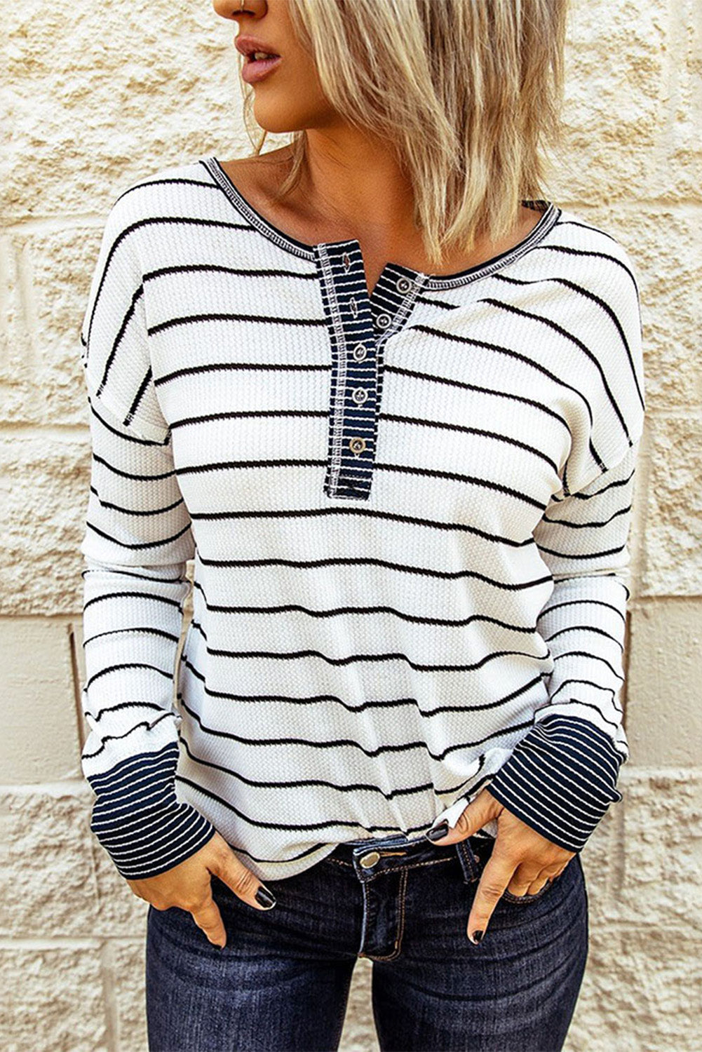 Button-Front Henley Striped Henley Waffle Knit Top
