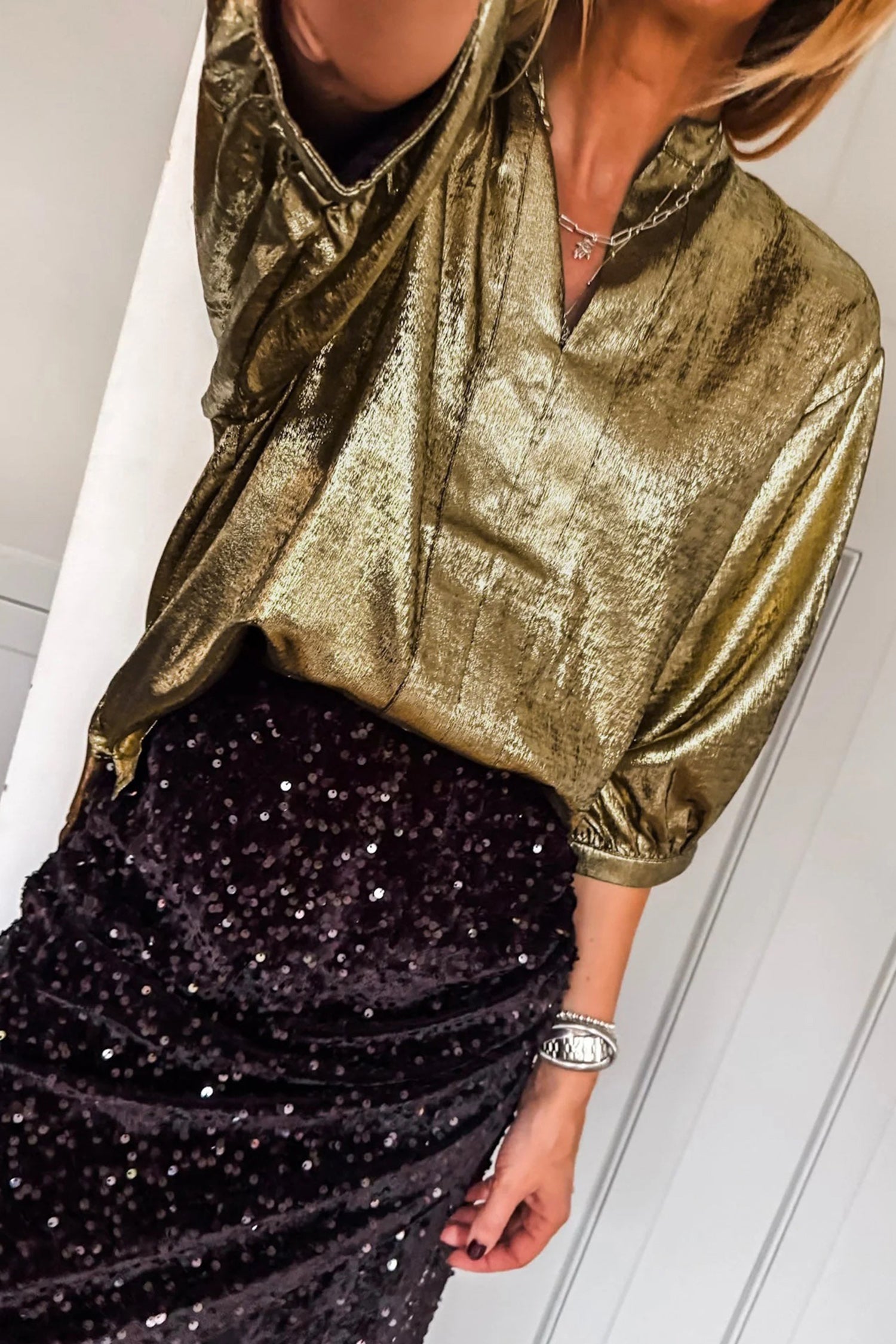 Metallic Half Split Neck Sleeve Blouse
