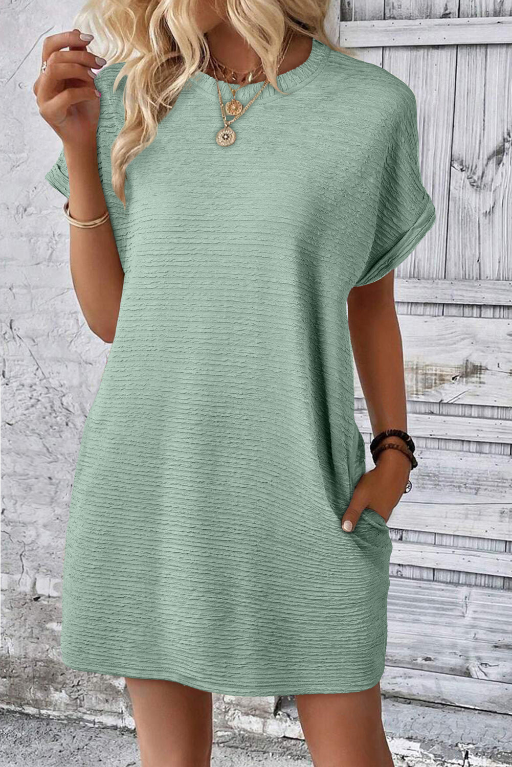 Crinkle Solid Textured Short-Sleeved T Shirt Dress