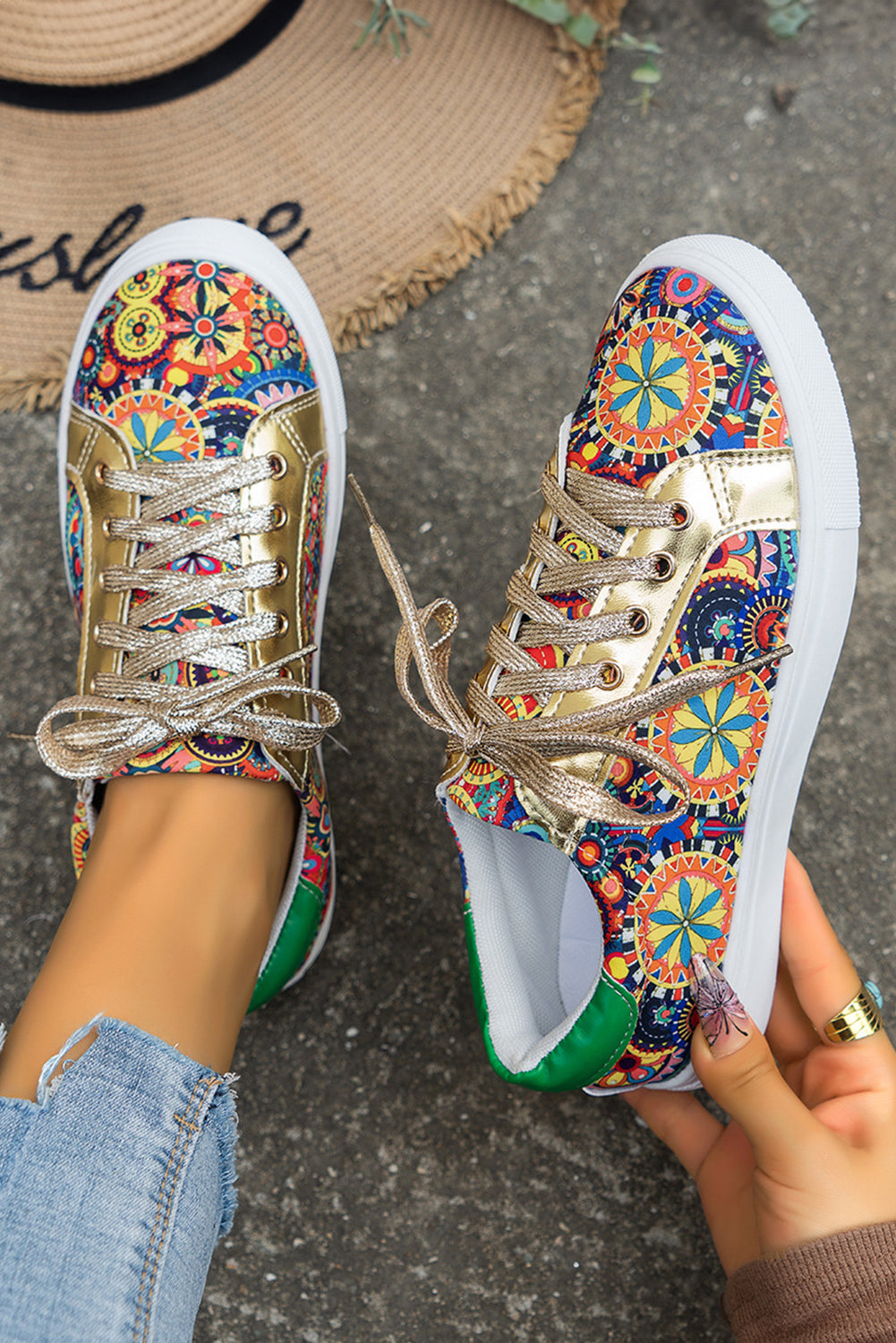 Floral Lace-up Sleek Patchwork Flat Shoes