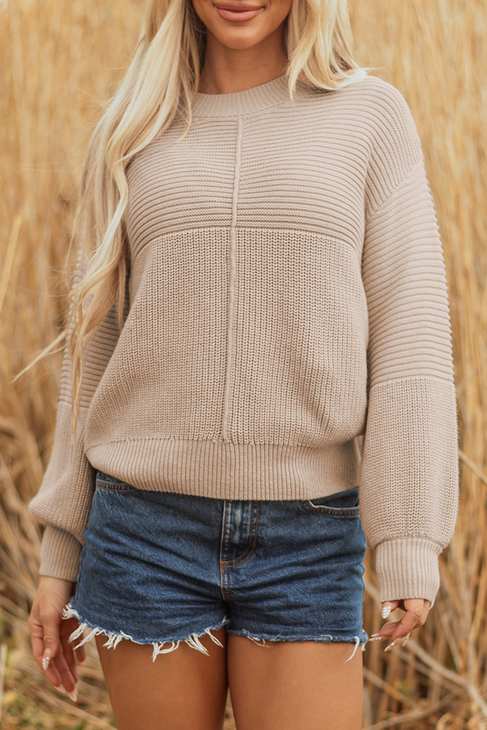 Texture Patchwork Mixed Patchwork Knit Puff Sleeve Knit Top