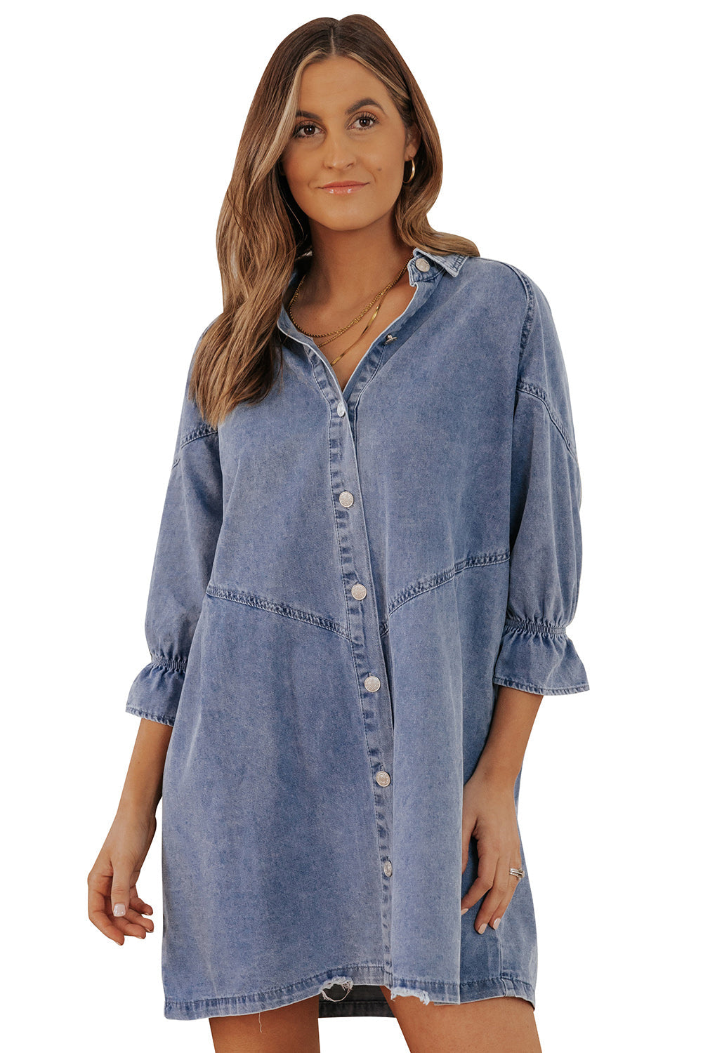 Women's Button-Front Long-Sleeve Denim Mini Dress