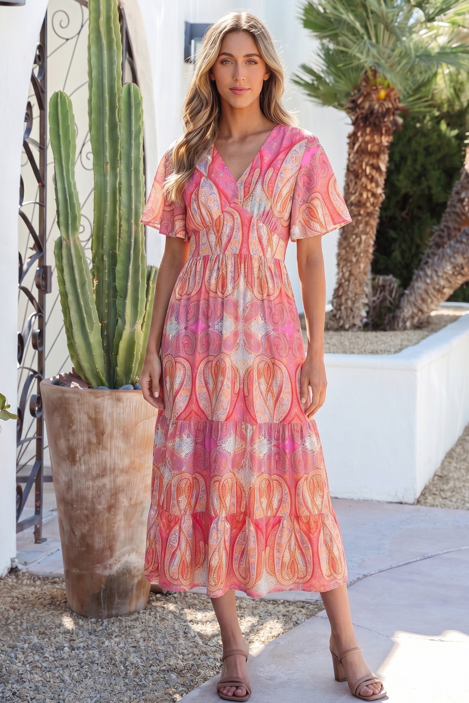 Polished Short-Sleeved Paisley Print Boho Maxi Dress with Ruffle Details
