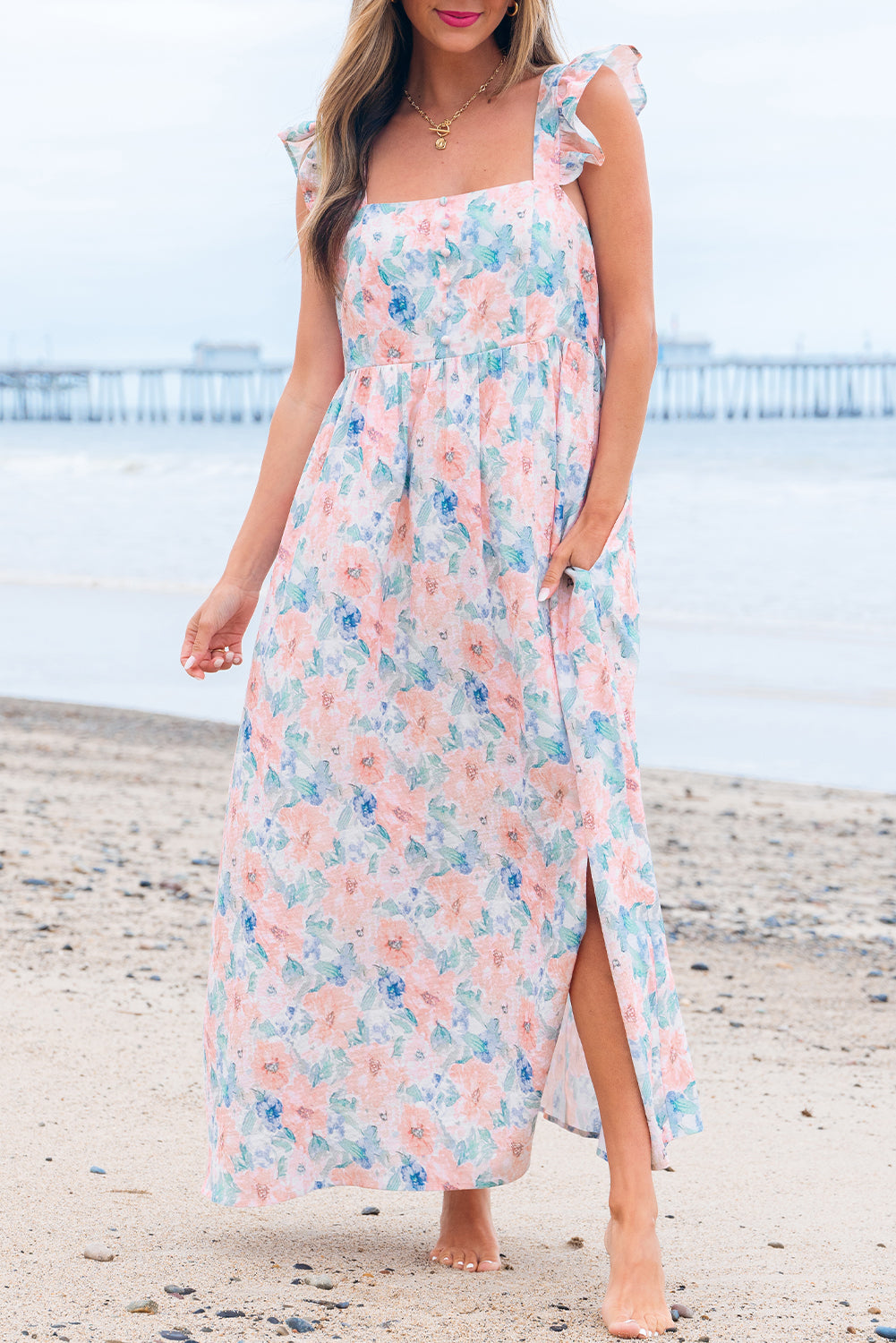 Floral Print Square Neck Backless Long Dress with Slit