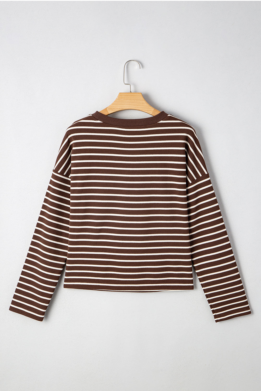Cropped Stripe Rib-Knit Crew-Neck Long-Sleeved T Shirt in Brown
