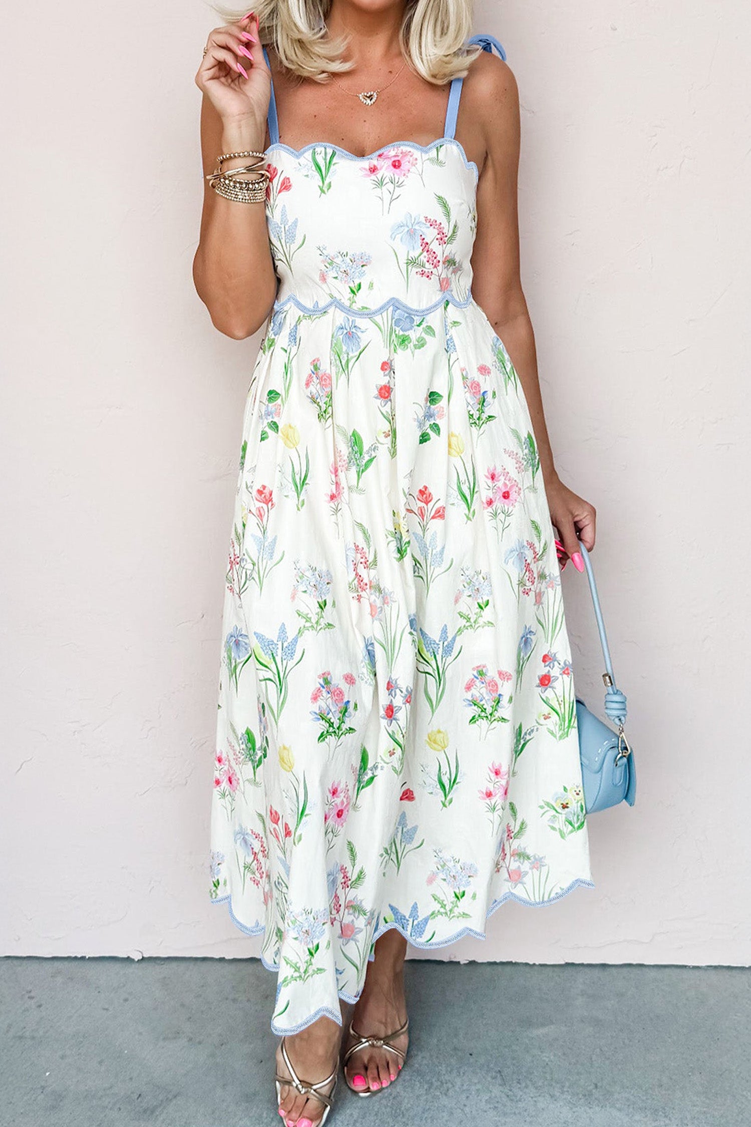 Floral-Print Straps High-Waisted Midi Dress in Beige
