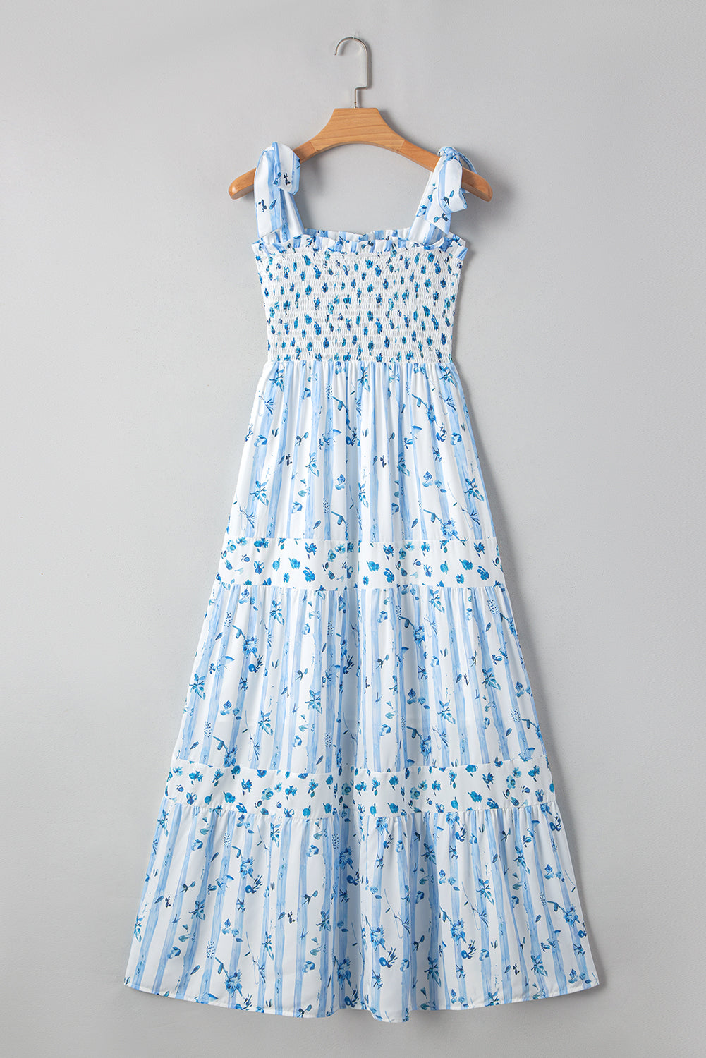 Smocked Tied Floral Tied Straps A-Lined Tiered Maxi Dress