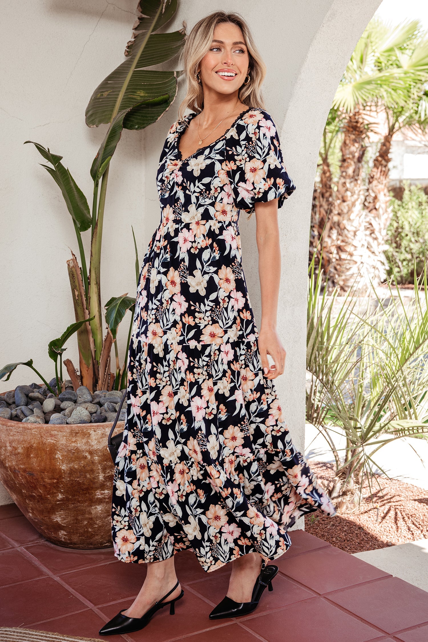 Short-Sleeved High-Waisted Smocked Detail Floral Maxi Dress