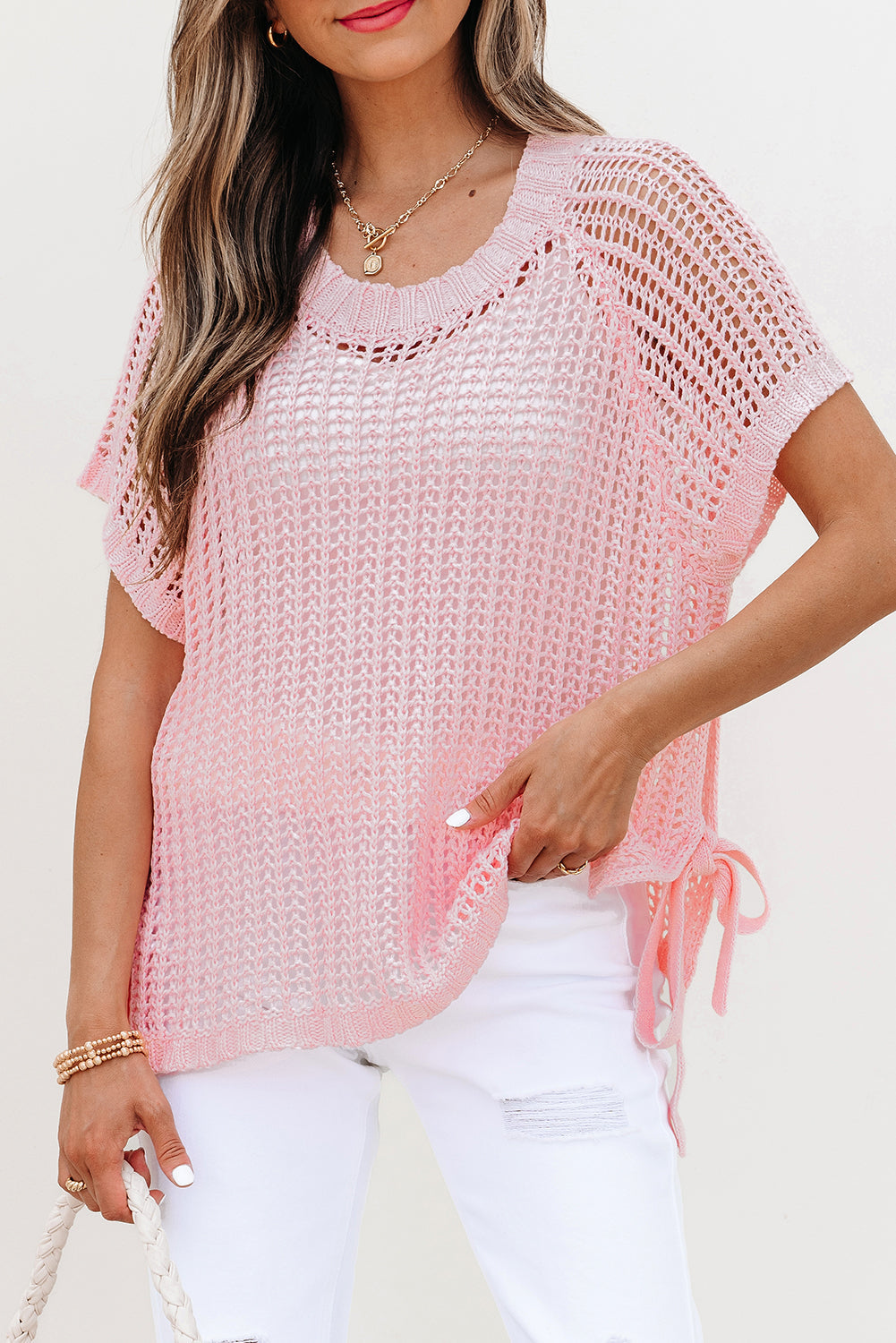 Crochet Side Hollow-out Side Tied Short-Sleeved Knit Top